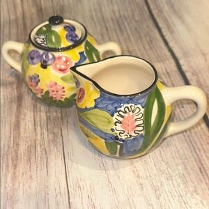 FAVANOL Hand Painted in Portugal Floral Ceramic Serving Bowl & Cream & Sugar Set